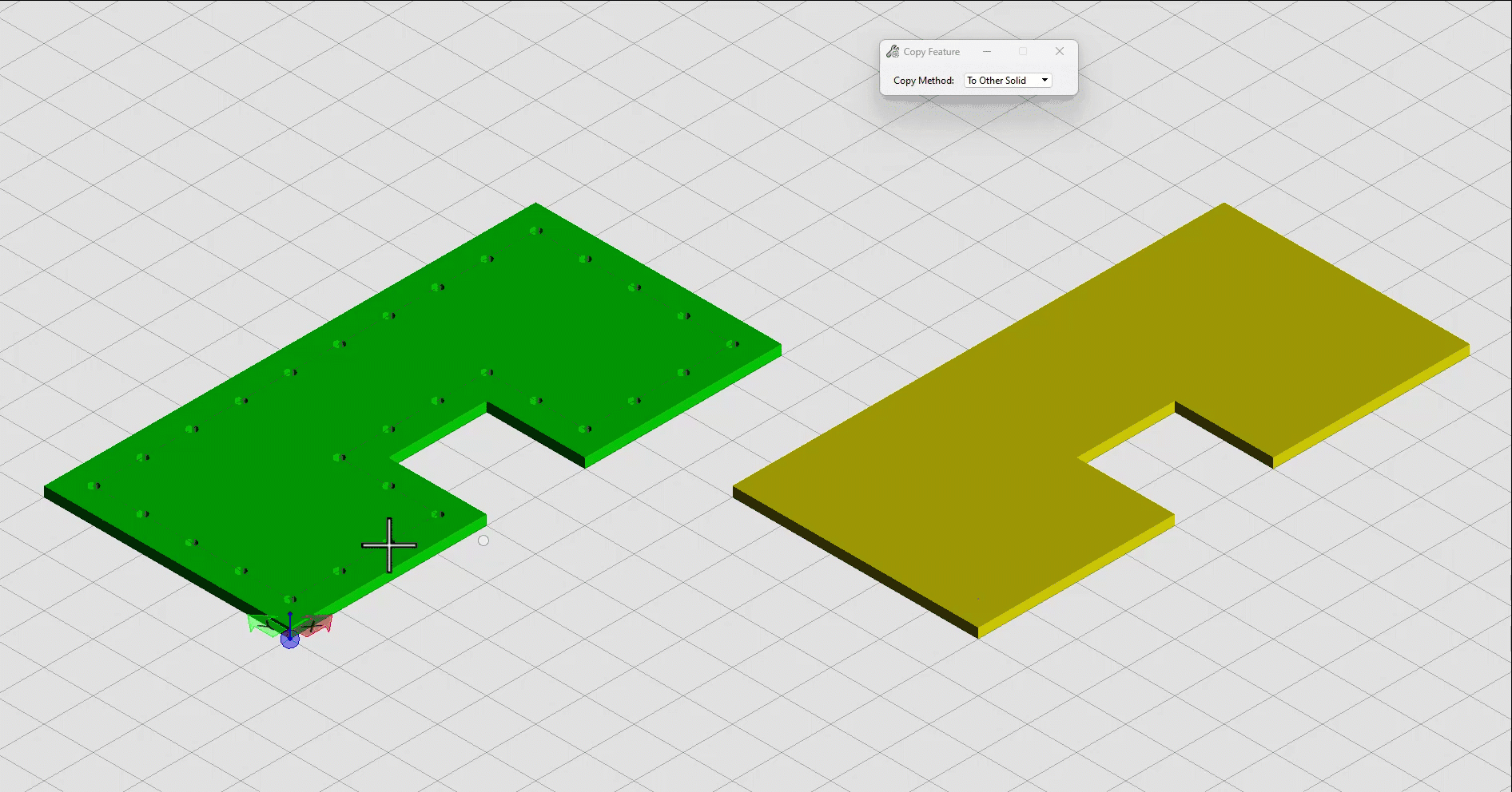 Two L-shaped 3D models are shown on a grid background; the left model is green with holes, while the right model is solid yellow with no holes. | Bentley Systems | Infrastructure Engineering Software Company Two L-shaped 3D models are shown on a grid background; the left model is green with holes, while the right model is solid yellow with no holes.