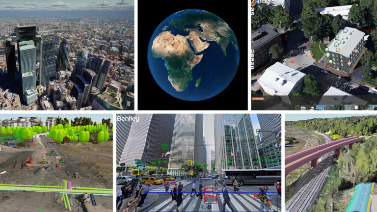 A collage shows aerial city and earth views, urban planning visuals with labels, and infrastructure projects with digital overlays.