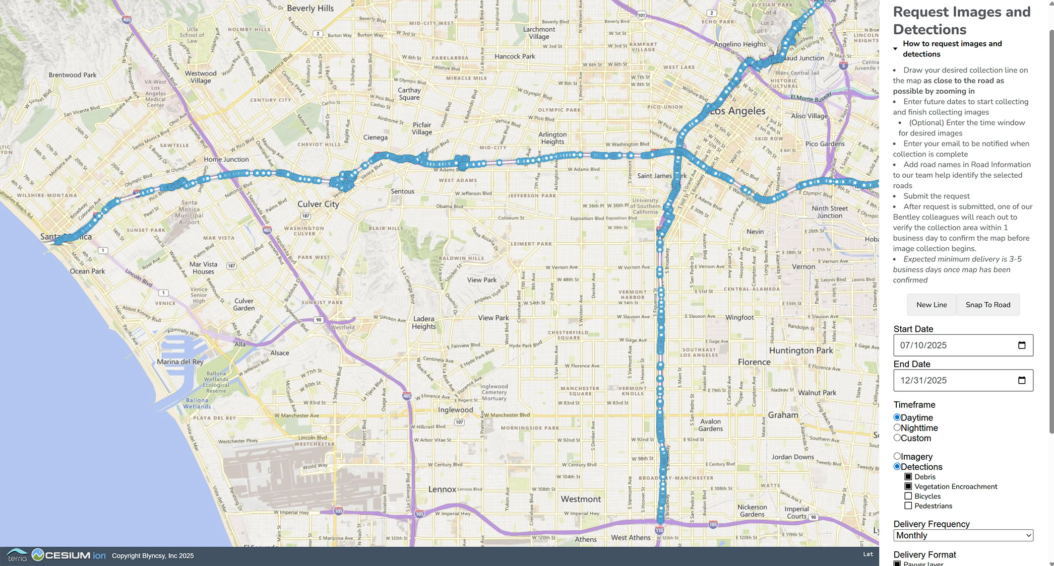 An example of Bentley’s Blyncsy Open API portal, which enables transportation agencies to easily select roads to be inspected. (Image courtesy of Bentley Systems)