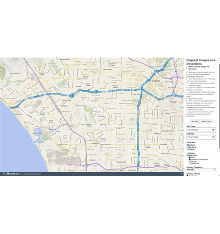 A digital map showing streets, highways, and neighborhoods in Los Angeles, with a sidebar for requesting images and detections on the right—powered by Blyncsy Roadway Intelligence and easily accessible via Open API.