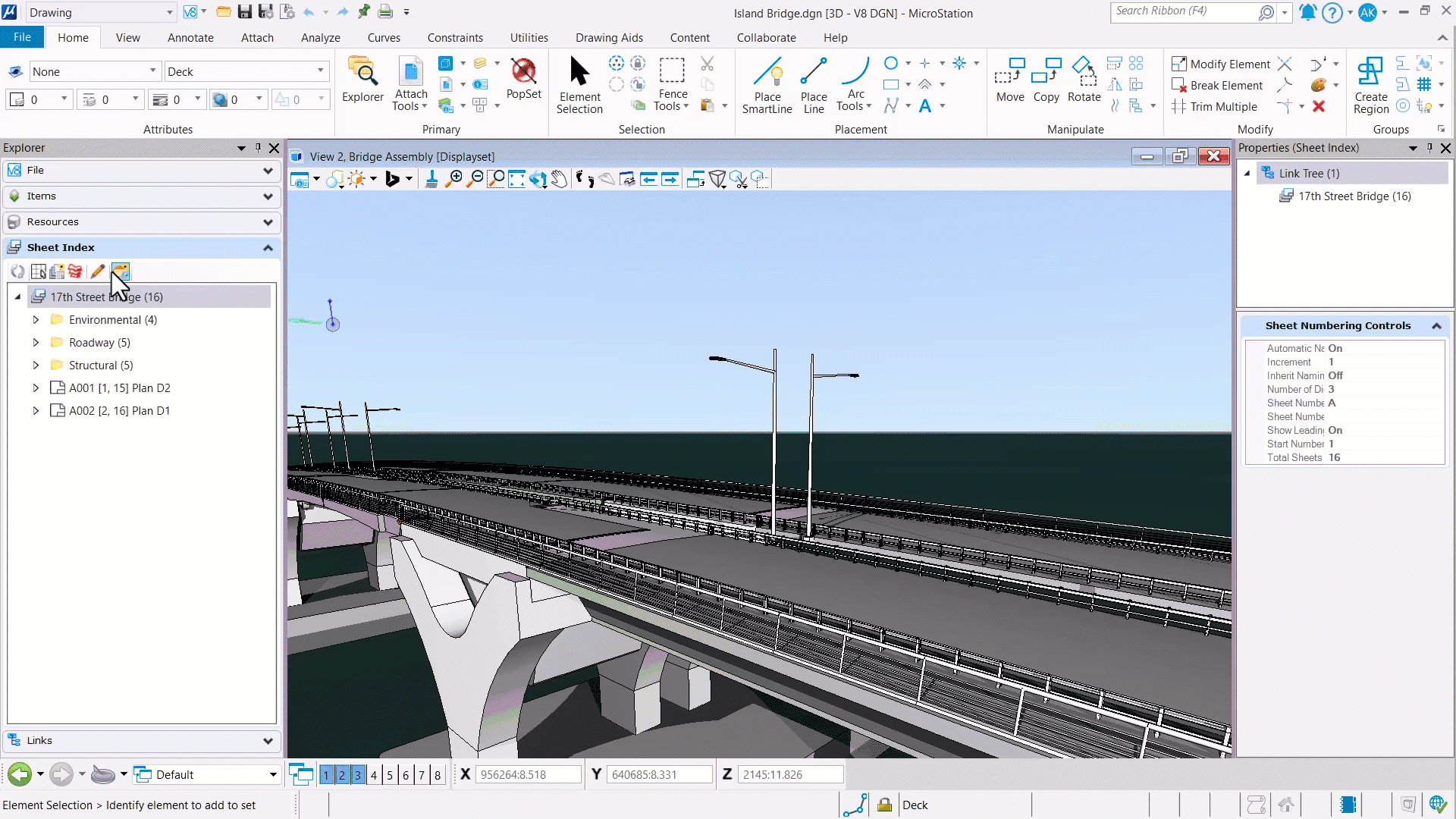 A 3D digital model of a bridge is displayed in engineering software, showing road lanes, railings, and light poles under a clear sky background. | Bentley Systems | Infrastructure Engineering Software Company A 3D digital model of a bridge is displayed in engineering software, showing road lanes, railings, and light poles under a clear sky background.