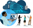 A group of people working on a laptop with a building in the background, focusing on their visions for the project. A group of people working on a laptop with a building in the background, focusing on their visions for the project.
