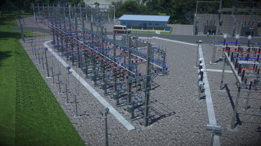 An electrical substation with multiple metal structures, wires, and transformers—featured in a COPEL Distribuição case study—stands next to a small building and truck, all surrounded by trees and gravel. | Bentley Systems | Infrastructure Engineering Software Company An electrical substation with multiple metal structures, wires, and transformers—featured in a COPEL Distribuição case study—stands next to a small building and truck, all surrounded by trees and gravel.