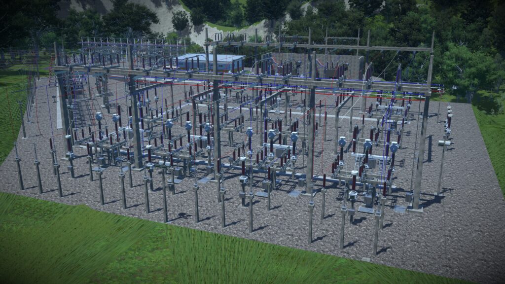 A high-voltage electrical substation operated by COPEL Distribuição S.A. features multiple transformers, circuit breakers, and power lines, surrounded by grass and trees. | Bentley Systems | Infrastructure Engineering Software Company A high-voltage electrical substation operated by COPEL Distribuição S.A. features multiple transformers, circuit breakers, and power lines, surrounded by grass and trees.