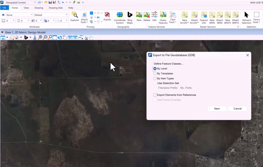 A computer screen displays GIS software with an aerial map view and an “Export to File Geodatabase” dialog box open in the workspace. | Bentley Systems | Infrastructure Engineering Software Company A computer screen displays GIS software with an aerial map view and an “Export to File Geodatabase” dialog box open in the workspace.