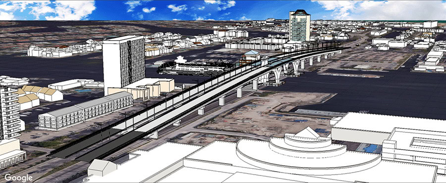 A digital rendering of an elevated railway passing through an urban area with multiple buildings and a few high-rises under a partly cloudy sky. | Bentley Systems | Infrastructure Engineering Software Company A digital rendering of an elevated railway passing through an urban area with multiple buildings and a few high-rises under a partly cloudy sky.