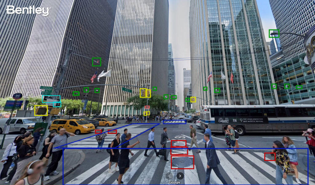 An example of how Bentley’s Blyncsy technology can be used with Google Street View imagery to detect roadway issues and assets, from potholes and crosswalk paint condition to street signs and traffic lights. (Photo: Bentley Systems) | Bentley Systems | Infrastructure Engineering Software Company An example of how Bentley’s Blyncsy technology can be used with Google Street View imagery to detect roadway issues and assets, from potholes and crosswalk paint condition to street signs and traffic lights. (Photo: Bentley Systems)
