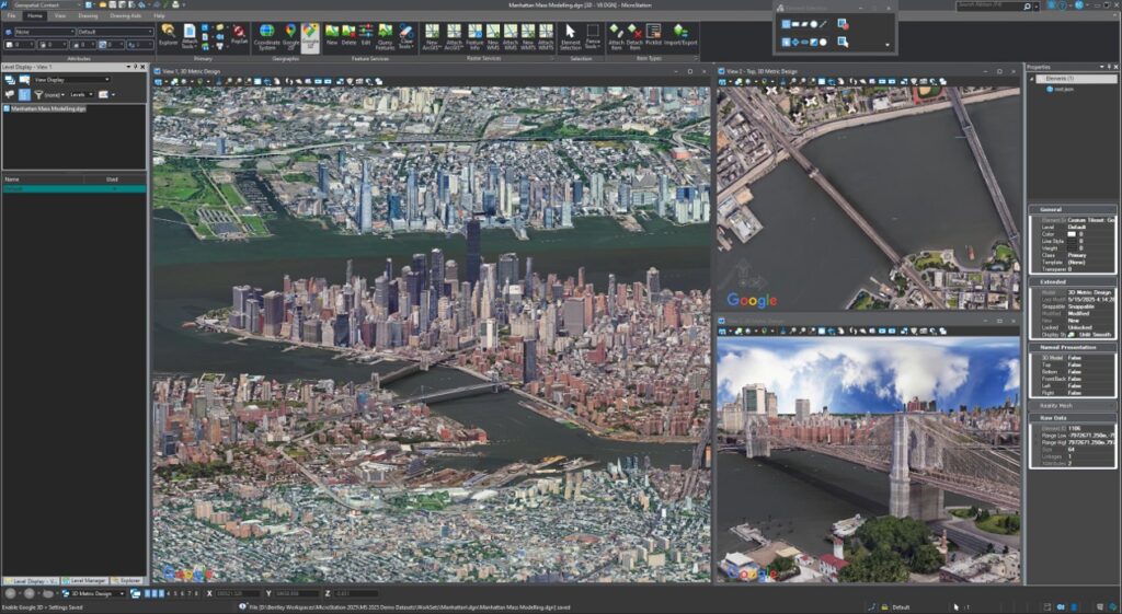 A computer screen displays aerial and street-level map views of Manhattan, New York City, using 3D satellite imagery and various mapping software tools. | Bentley Systems | Infrastructure Engineering Software Company A computer screen displays aerial and street-level map views of Manhattan, New York City, using 3D satellite imagery and various mapping software tools.