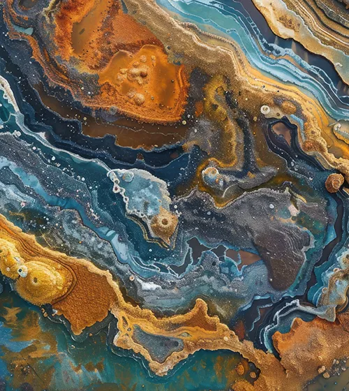 Abstract close-up of layered minerals or agate, showing swirls of blue, orange, yellow, and brown with various textures and patterns.