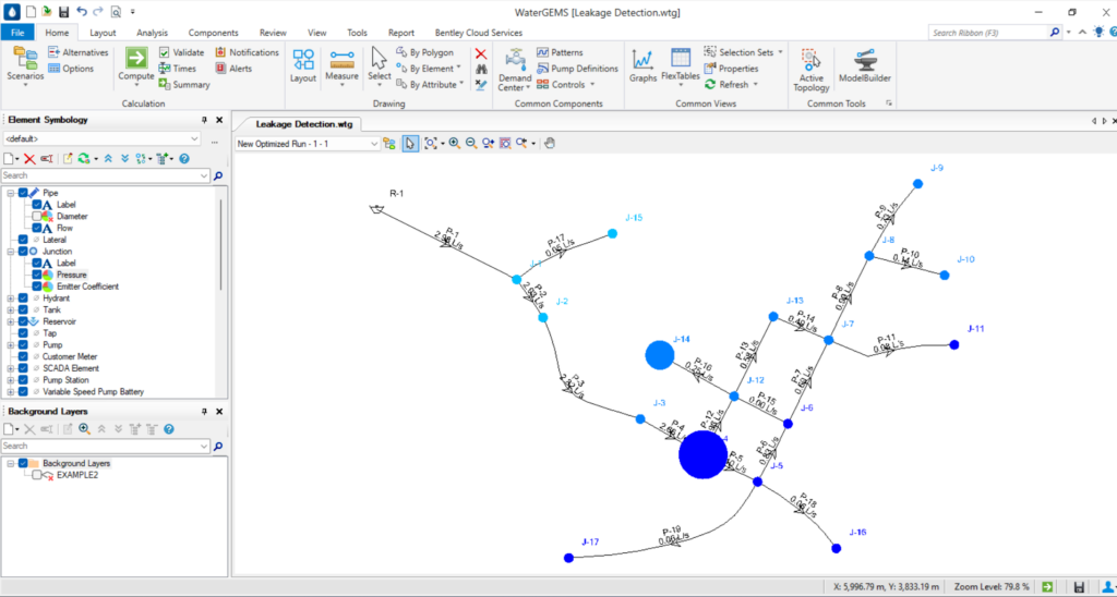 A screenshot of Bentley WaterGEMS software displaying a leakage detection map, showing a network of pipelines with nodes and labels, and various tools and menus in the user interface.