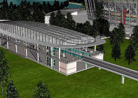 A digital rendering, created using CAD, showcases a modern elevated train station with a glass roof, surrounded by trees and adjacent to a contemporary building. | Bentley Systems | Infrastructure Engineering Software Company A digital rendering, created using CAD, showcases a modern elevated train station with a glass roof, surrounded by trees and adjacent to a contemporary building.