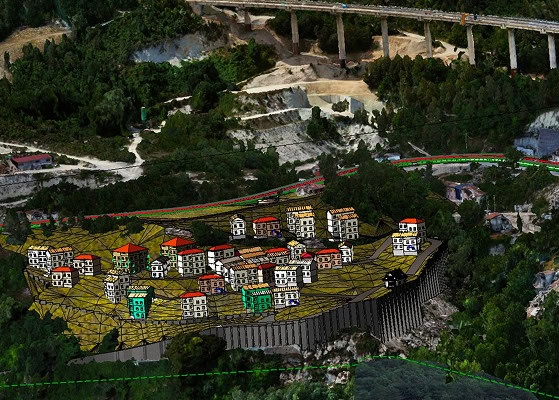 Aerial view of a forested hillside with a digital overlay, created using CAD software like MicroStation, showing proposed building structures and infrastructure, including roads and retaining walls. | Bentley Systems | Infrastructure Engineering Software Company Aerial view of a forested hillside with a digital overlay, created using CAD software like MicroStation, showing proposed building structures and infrastructure, including roads and retaining walls.