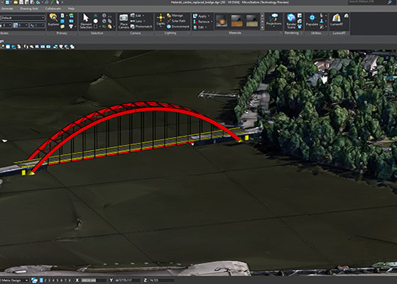 A computer screen displays a 3D modeling software interface, such as MicroStation CAD, showing a digital model of an arched bridge over a landscape with trees and roads. | Bentley Systems | Infrastructure Engineering Software Company A computer screen displays a 3D modeling software interface, such as MicroStation CAD, showing a digital model of an arched bridge over a landscape with trees and roads.