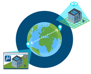 A globe with two pins connected by a dashed line. Above, an icon of a building with a magnifying glass and computer window. The graphic suggests global connectivity and monitoring of buildings, turning visions into reality using advanced tools like MicroStation.