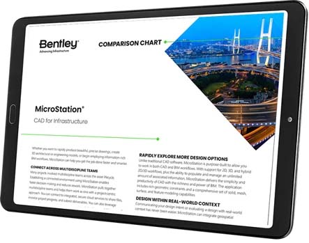 Tablet displaying Bentley's MicroStation CAD software comparison chart, featuring design options and infrastructure visuals with a cityscape and bridge. | Bentley Systems | Infrastructure Engineering Software Company Tablet displaying Bentley's MicroStation CAD software comparison chart, featuring design options and infrastructure visuals with a cityscape and bridge.