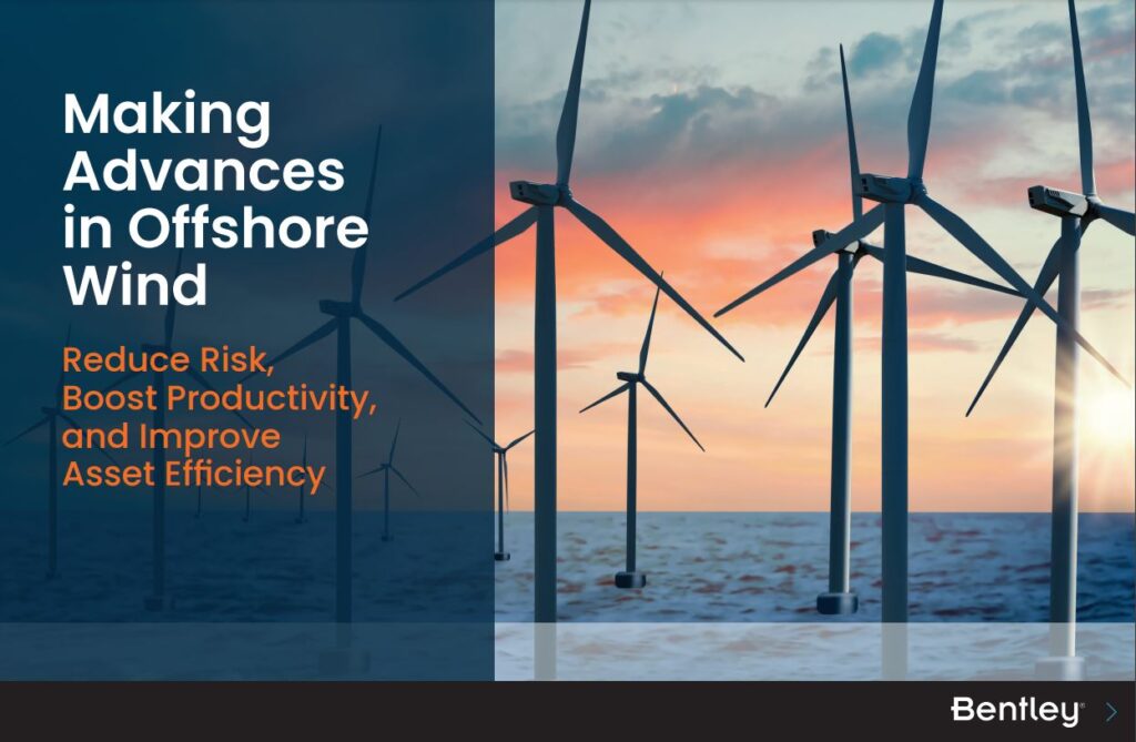 Promotional image depicting offshore wind turbines at sunset with text highlighting advances in offshore wind technology, including risk reduction and asset efficiency in renewable energy.