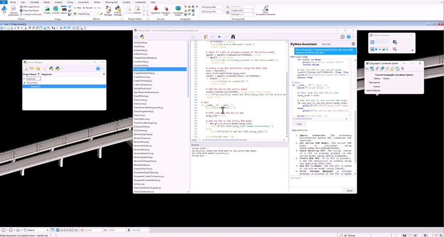 A computer screen shows a 3D modeling software with a bridge model, a Python script editor, and a coding assistant window open. | Bentley Systems | Infrastructure Engineering Software Company A computer screen shows a 3D modeling software with a bridge model, a Python script editor, and a coding assistant window open.