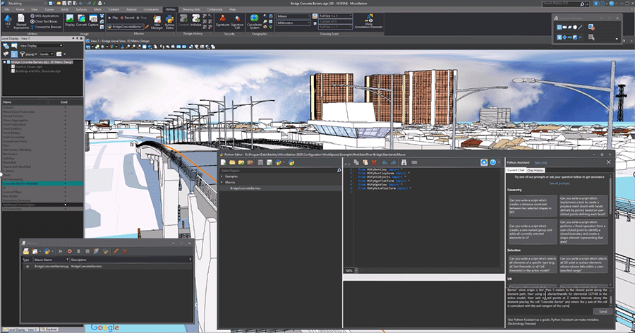 A computer screen displays 3D modeling software with a cityscape scene, code editor, and various tool panels visible in the workspace. | Bentley Systems | Infrastructure Engineering Software Company A computer screen displays 3D modeling software with a cityscape scene, code editor, and various tool panels visible in the workspace.