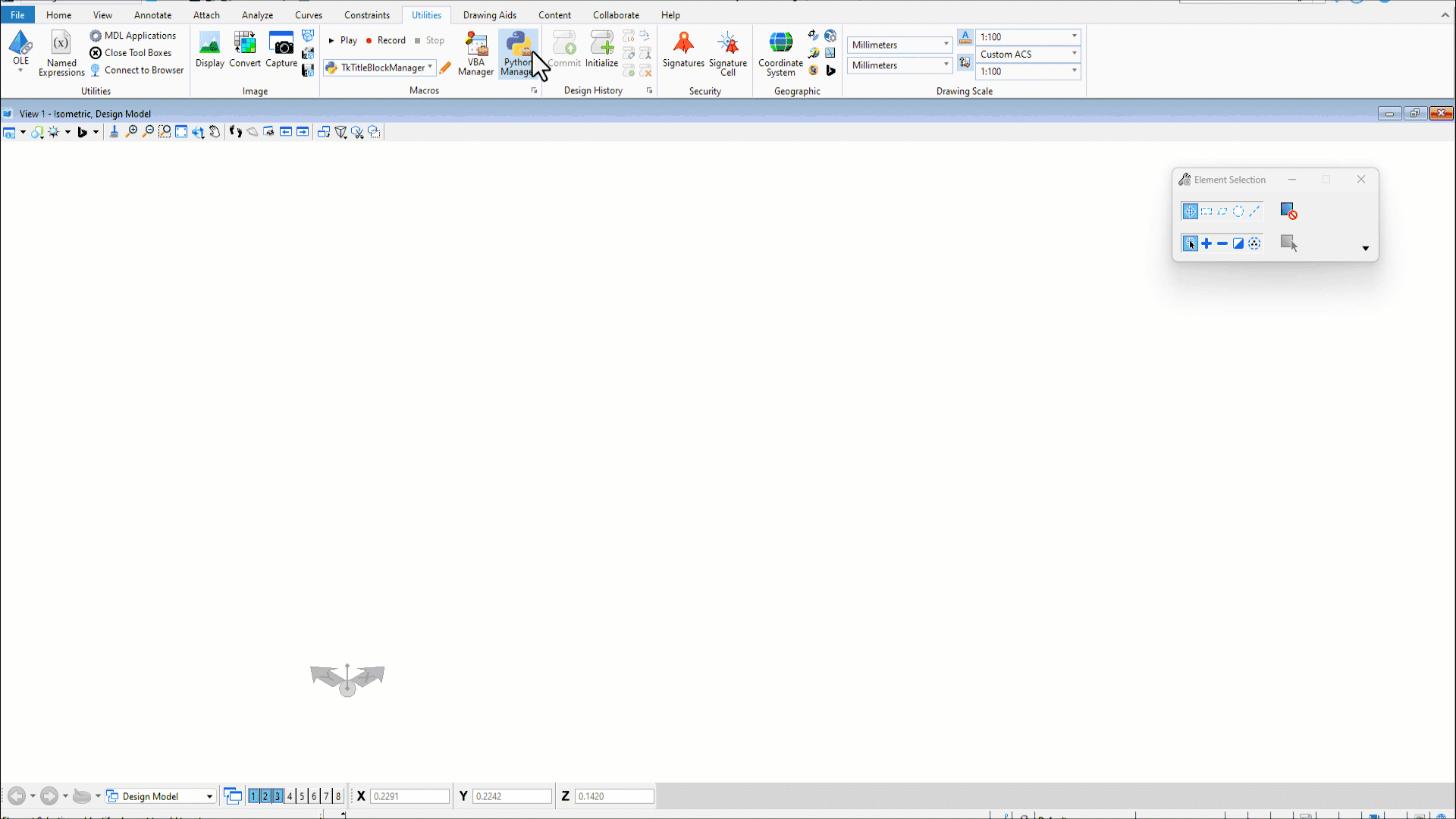 Screenshot of Bentley MicroStation software interface displaying toolbars at the top and a large blank drawing area in the center with a small navigation cube in the bottom left corner. | Bentley Systems | Infrastructure Engineering Software Company Screenshot of Bentley MicroStation software interface displaying toolbars at the top and a large blank drawing area in the center with a small navigation cube in the bottom left corner.