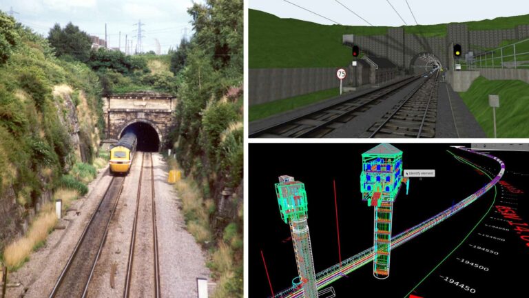 A train exits a 19th-century tunnel on a dual railway track; adjacent images reveal digital models of railway infrastructure and What Lies Beneath the tunnel approach using 21st-century tech.