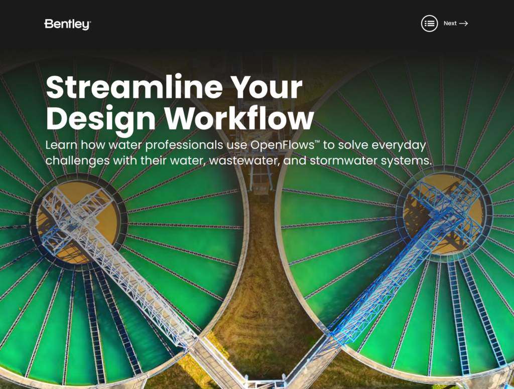 Image showing an overhead view of circular water treatment facilities with text: "Streamline Your Design Workflow. Learn how water professionals use OpenFlows and hydraulic modeling to solve everyday challenges with their water, wastewater, and stormwater systems.