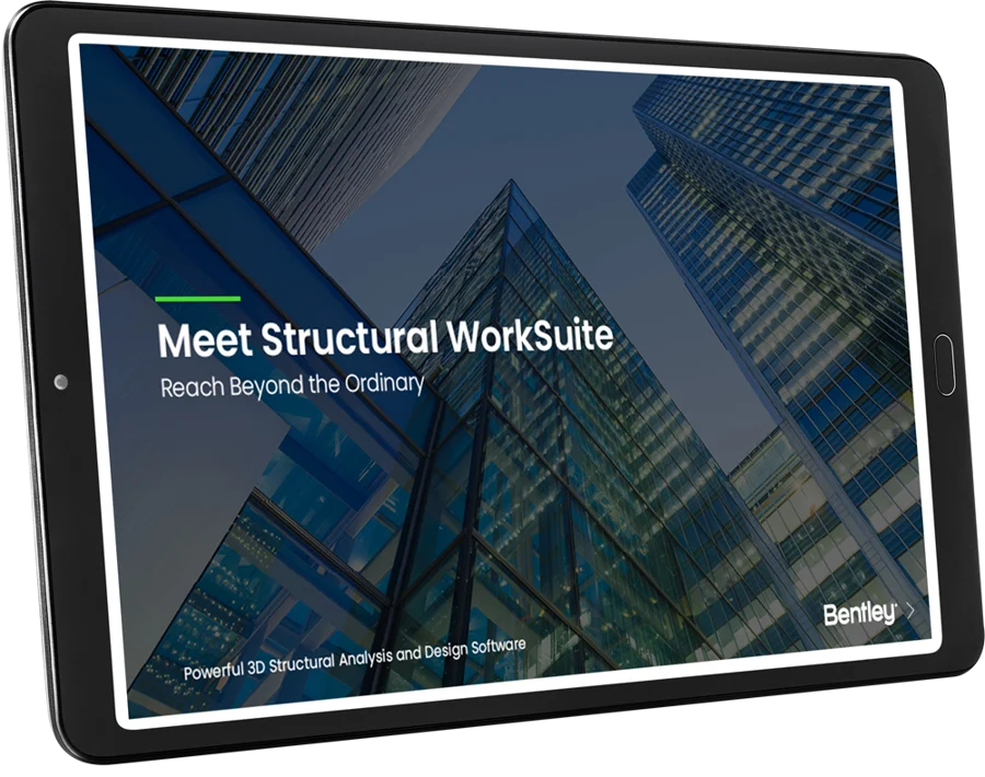 A tablet displaying an advertisement for Bentley's Structural WorkSuite software, featuring structural analysis of skyscrapers in the background. | Bentley Systems | Infrastructure Engineering Software Company A tablet displaying an advertisement for Bentley's Structural WorkSuite software, featuring structural analysis of skyscrapers in the background.