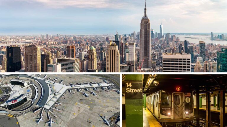 Aerial view of New York City skyline above; below, an airport terminal with planes and a subway train at 14th Street station.